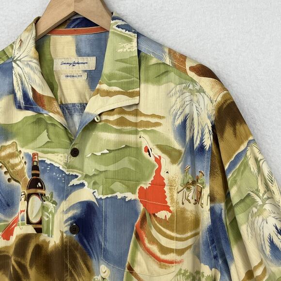 TOMMY BAHAMA Shirt Men L Silk Camp Hawaiian Cocktails Guitar Bartender Camp - Picture 6 of 16